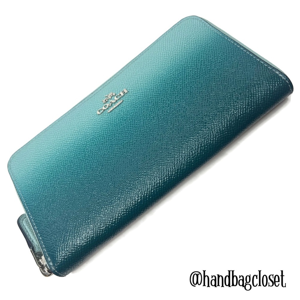 Coach Ombre Crossgrain Leather Zip Around Wallet F22808 Sea Green Teal - Picture 2 of 6